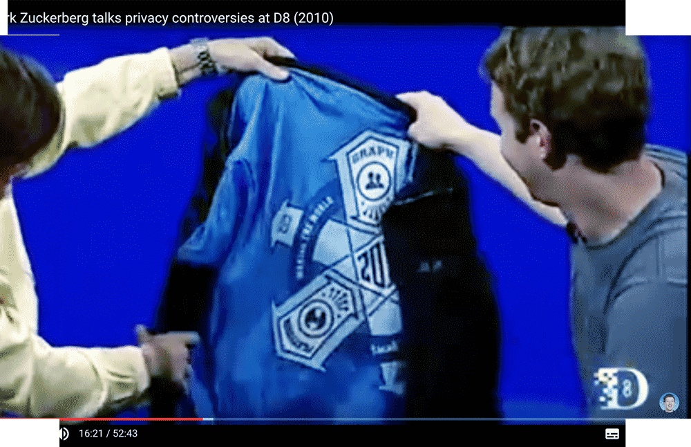 ‘The Zuck’, CEO of Facebook, shows the inside of his Facebook hoodie at the All Things Digital conference in 2010. Facebook's mission, “Making The World More Open And Connected” is printed on the inside.