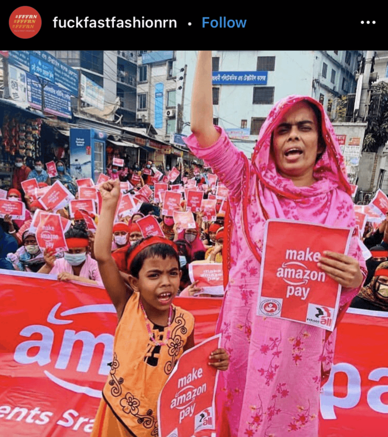 Author unknown (2020). 
  make amazon pay campaign on Black Friday in Dhaka, Bangladesh, Sommilito Garments Sramik Federation which represents 100,000 workers. Screenshot.