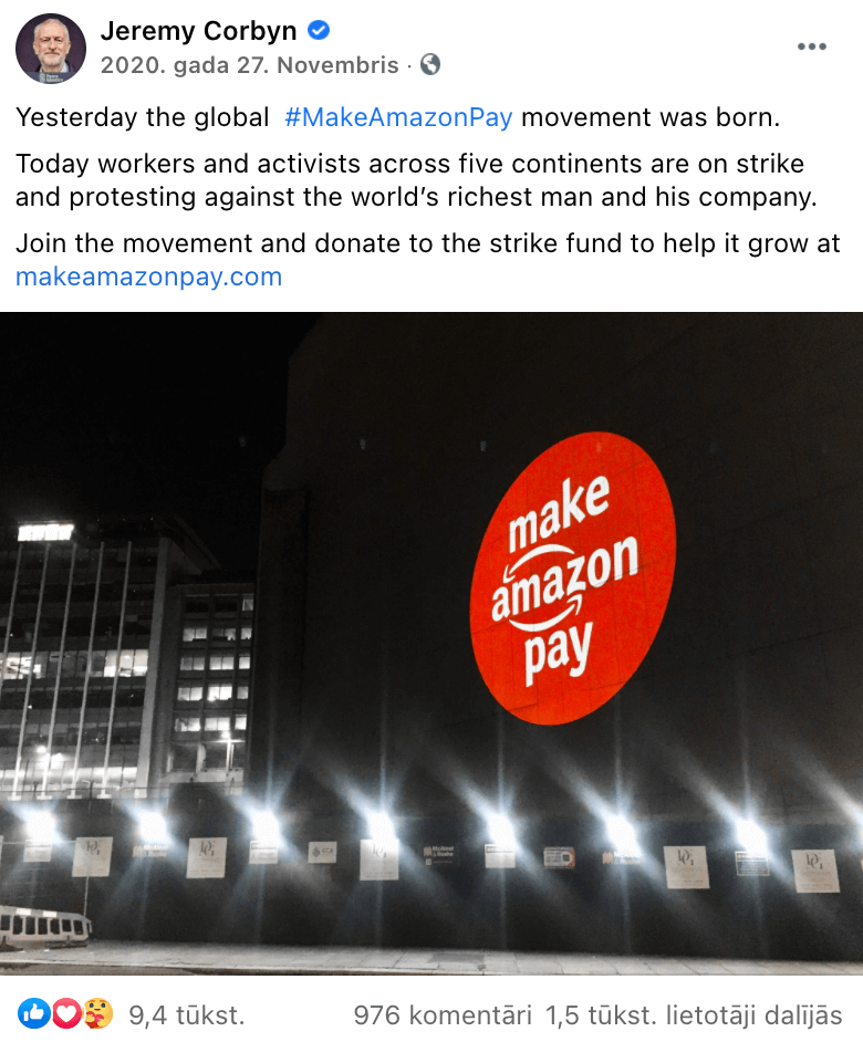 Jeremy Corbyn sharing make amazon pay campaign. Sproge K.M. (2020). Screenshot.