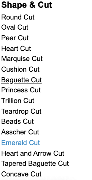 CZGemstones. Homepage of different types of cuts for gemstones. Screenshot.