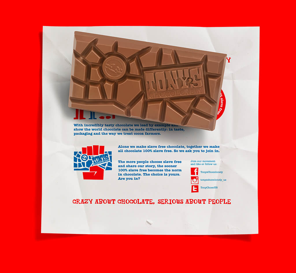 Tony’s Chocolonely (Date unknown). Opened packaging containing information of their sustainability practices.