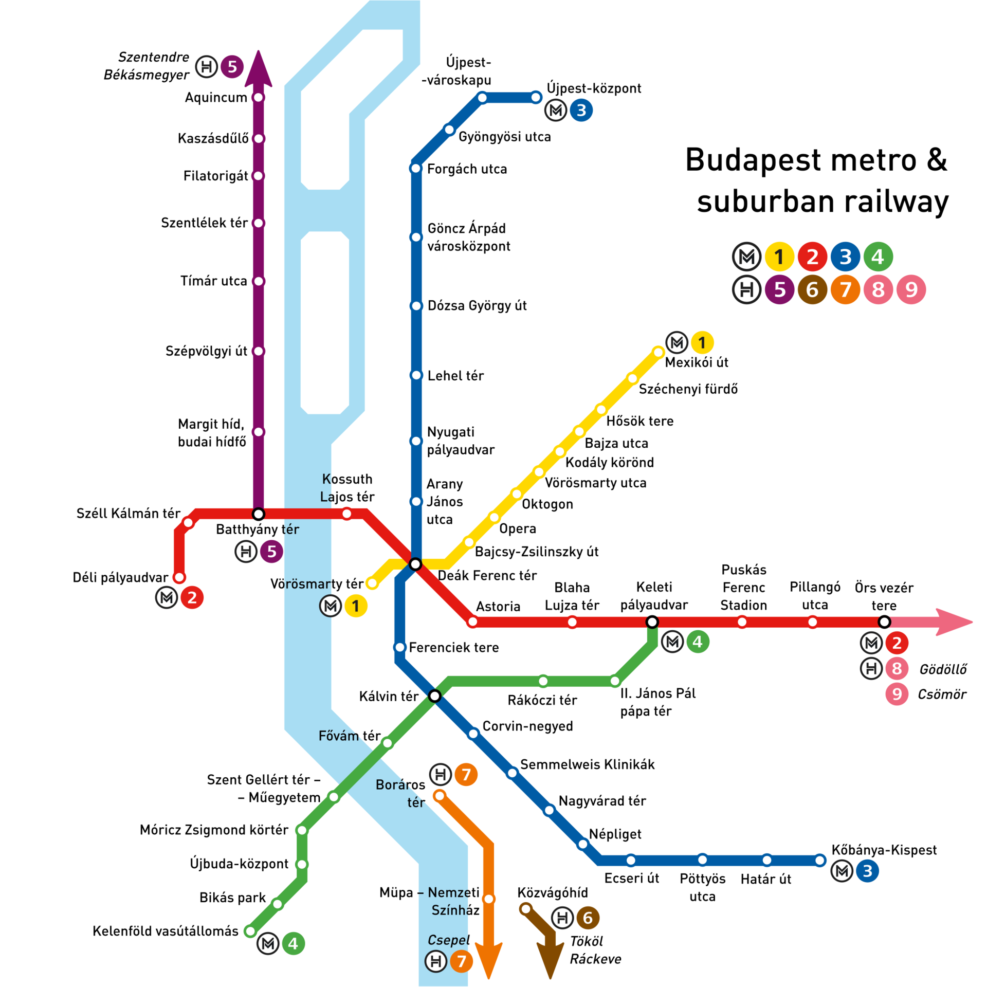 Figure 2: The metro network of Budapest. Line 3 is highlighted in blue