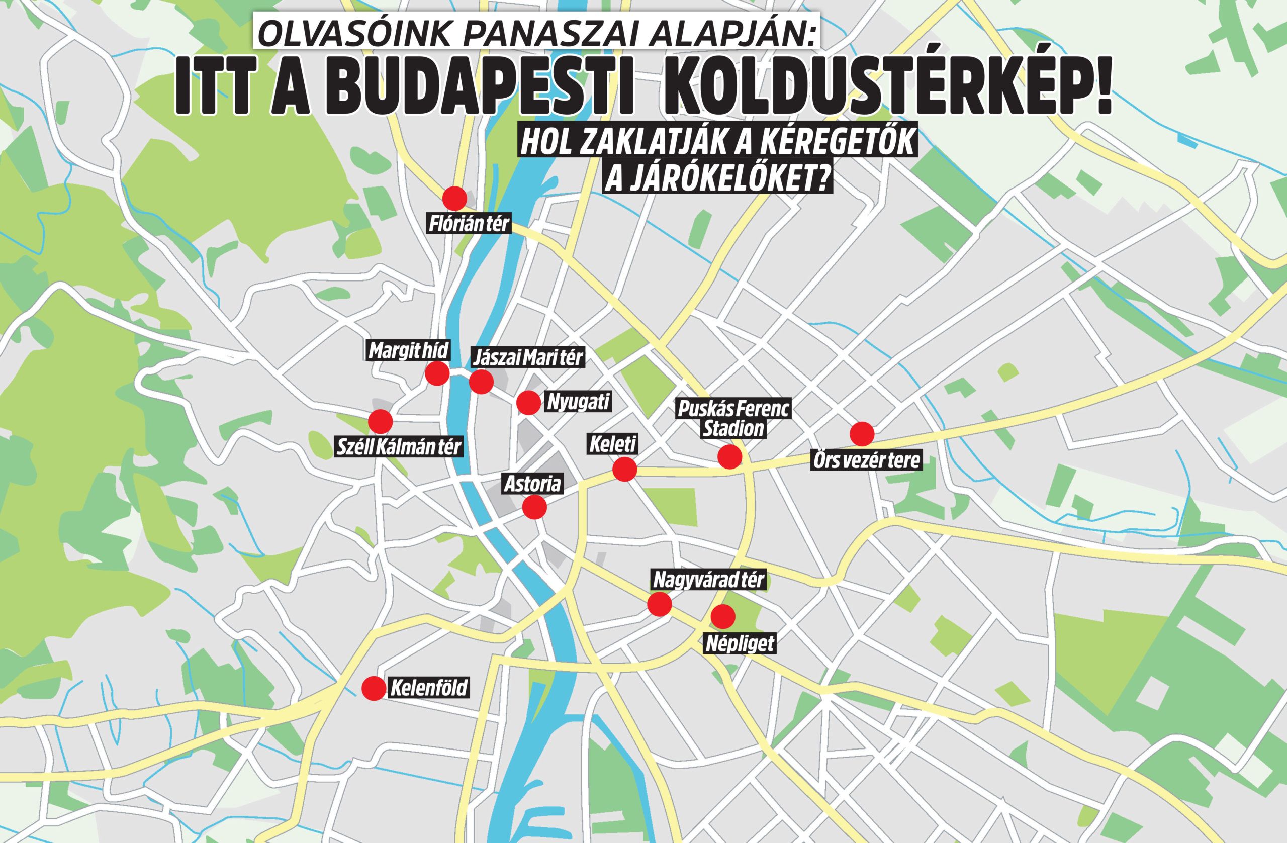 Map showing spots in Budapest, where homeless presumably are harassing pedestrians. Of the twelve locations highlighted on the map nine are located by metro stations, with Nyugati also making the list.