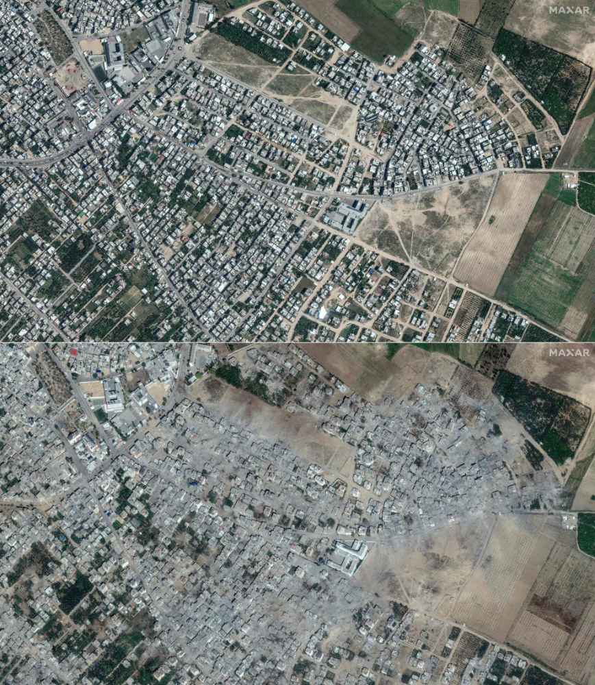 Satellite images of the city of Beit Hanoun in northeastern Gaza. Above, on 1 May, and below, on 21 October, after the Israeli bombardments. MAXAR TECHNOLOGIES (AFP)