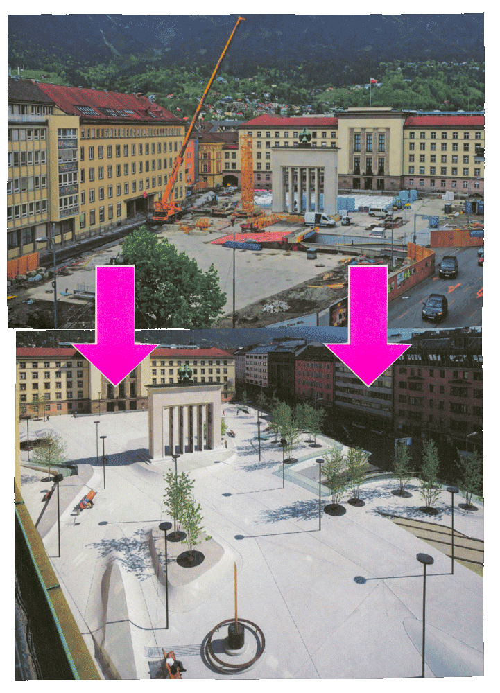 Landhausplatz, before and after the renovation, Innsbruck, Austria, 2009-2011
