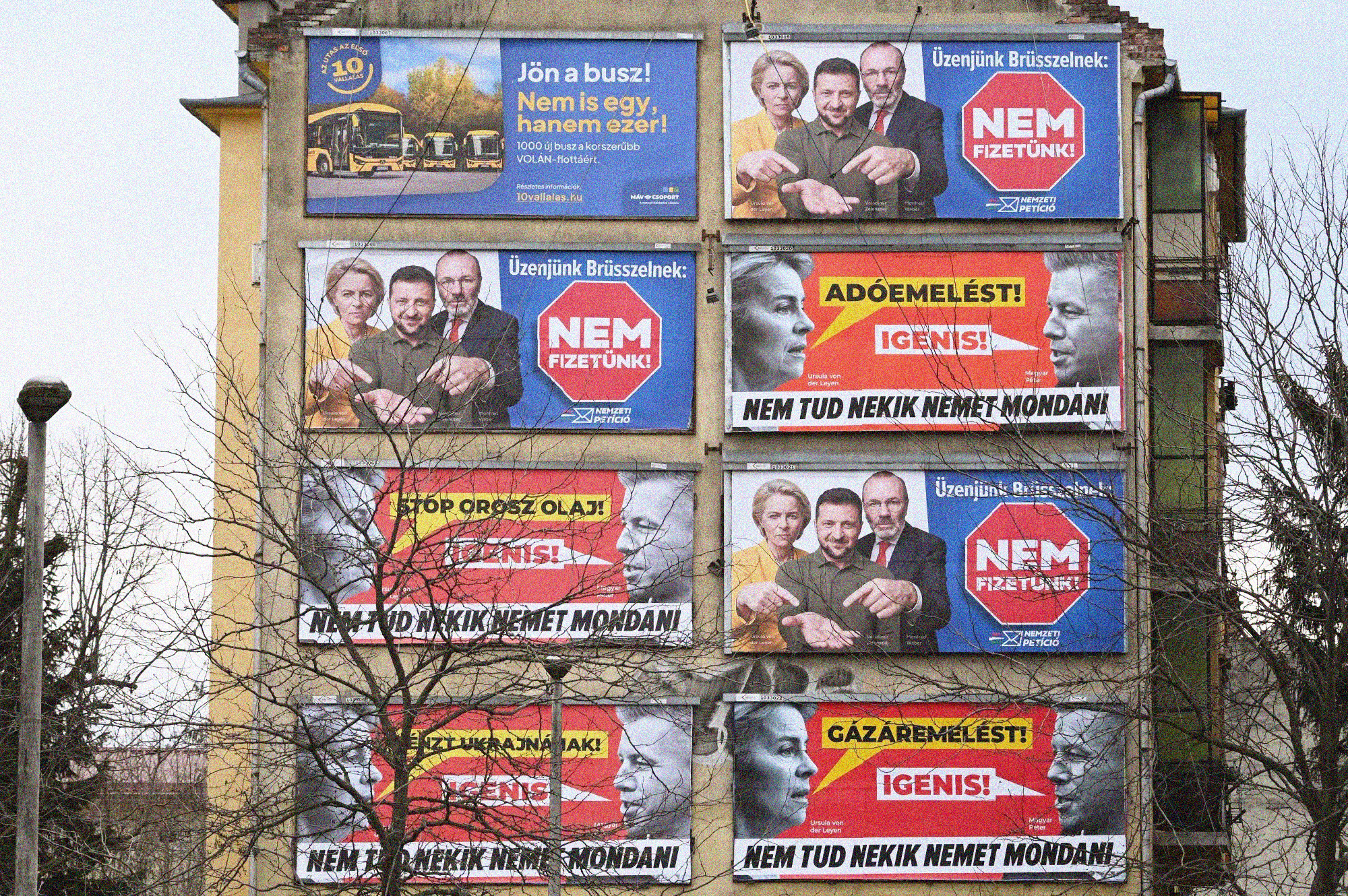 Budapest building covered in Nem fizetünk campaign posters, 2026
